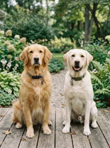 Golden Retriever and Labrador Retriever sitting together for comparison.