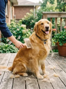 Golden Retriever being brushed to maintain its healthy double coat.