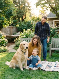Patient family dog interacting gently with a young child.