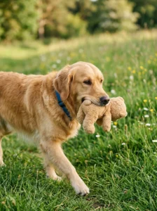 Golden Retriever gently carrying a toy with its soft mouth.