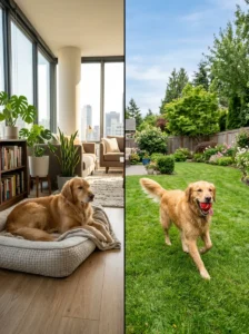 Golden Retriever living comfortably in both apartment and house environments.