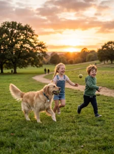 Golden Retriever playing happily with children outdoors.