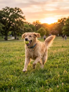 Golden Retriever mixed-breed dog playing outdoors.