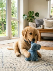 Playful Golden Retriever puppy during its early development stage.