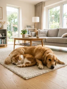Golden Retriever living peacefully with a cat in a multi-pet home.