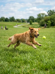 Golden Retriever enjoying daily exercise by playing fetch outdoors.