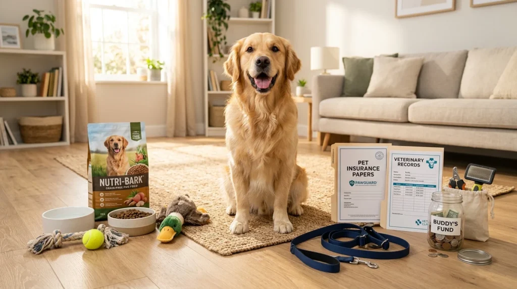 Golden Retriever sitting beside common dog ownership expenses.