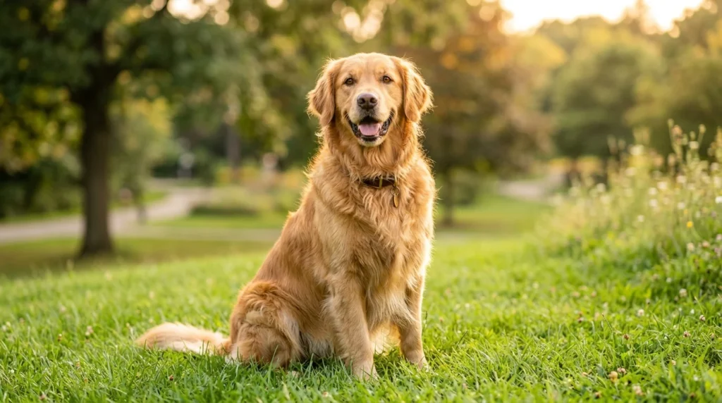 Friendly adult Golden Retriever sitting outdoors in a green park during golden hour.