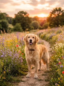 Golden Retriever in a beautiful outdoor setting.