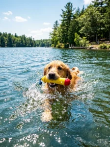 Golden Retriever swimming and retrieving a toy in the water.
