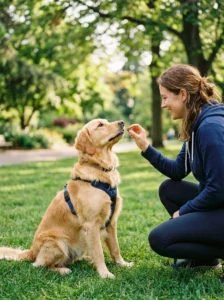 Golden Retriever learning commands during positive reinforcement training.