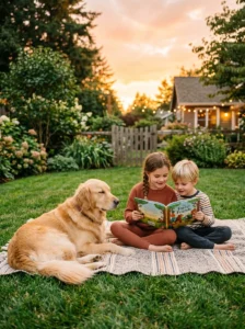 Golden Retriever relaxing safely with children in the backyard.