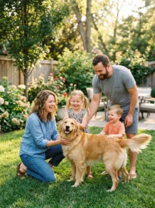 Golden Retriever showing its friendly and gentle temperament with a family.