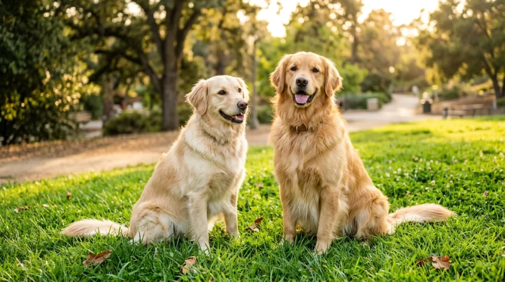 Mixed breed and purebred dogs sitting together in a park.