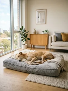 Greyhound relaxing quietly inside an apartment.
