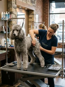 Professional groomer caring for a Poodle's curly coat.