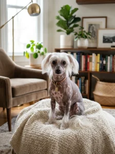Hairless Chinese Crested inside a modern home.