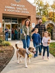 Adopted mixed-breed dog with its new family.