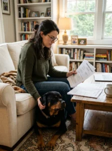 Dog owner reviewing insurance and legal requirements.