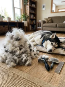 Seasonal shedding of a Siberian Husky.