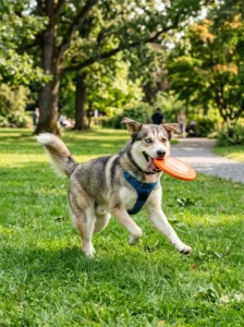 Healthy Husky mix playing outdoors.