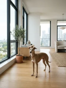 Italian Greyhound inside a modern apartment.