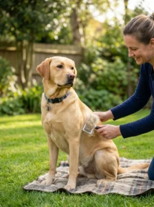 Grooming a Labrador Retriever to maintain a healthy coat.
