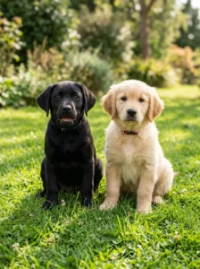 Labrador Retriever puppy compared with a Golden Retriever puppy.