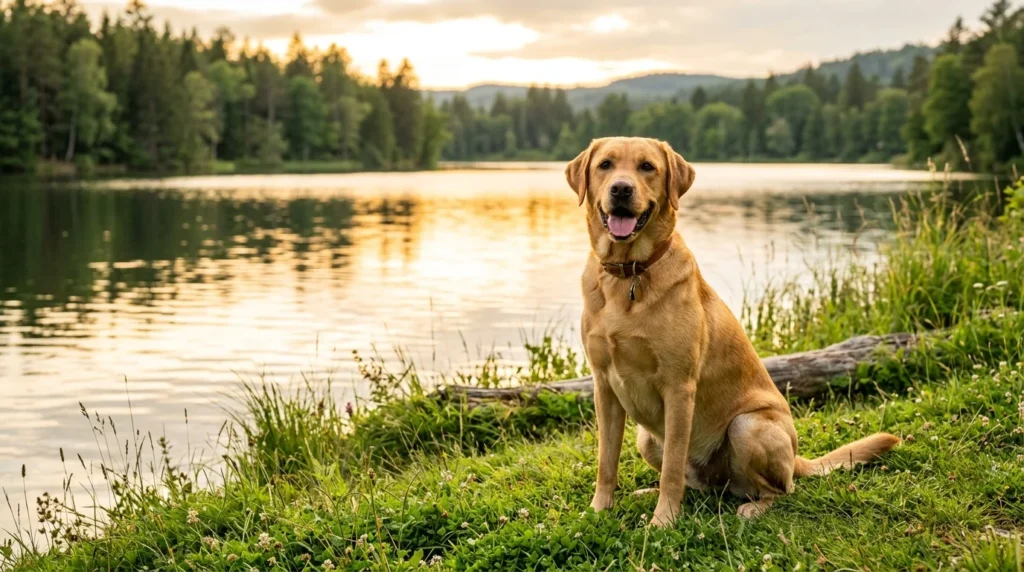 Healthy adult Labrador Retriever sitting beside a lake during golden hour.