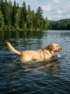 Labrador Retriever swimming using its powerful otter tail.