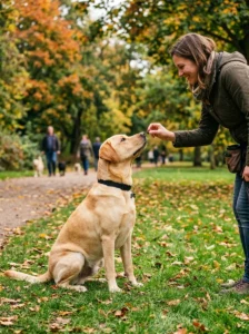 Labrador Retriever learning obedience through positive reinforcement.