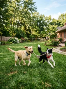 : Labrador Retriever living happily with another dog.