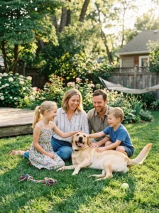 Labrador Retriever showing its friendly temperament with a family.