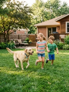 Labrador Retriever enjoying outdoor playtime with children.
