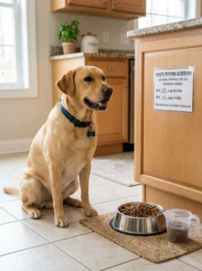 Labrador Retriever eating a properly measured meal.
