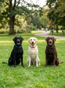 Black, yellow, and chocolate Labrador Retrievers together.