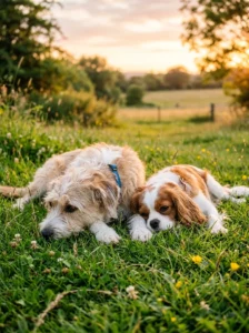 Mixed-breed and purebred dogs relaxing together.