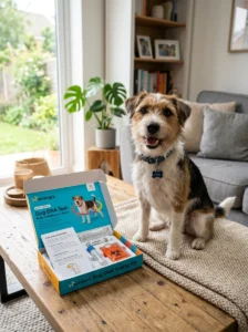 Dog DNA testing kit with a mixed-breed dog.