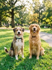 Mixed-breed dog compared with a purebred Golden Retriever.