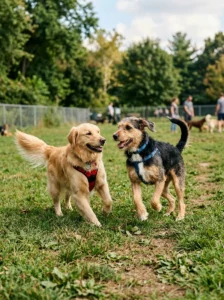Mixed-breed and purebred dogs playing together.