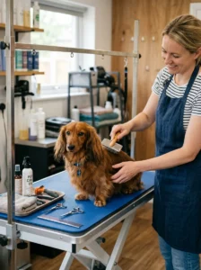 Veterinarian examining a Dachshund during a routine health check in a modern veterinary clinic, bright and clean environment.