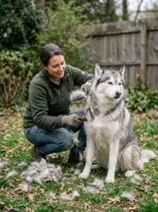 Brushing a Siberian Husky's thick double coat.