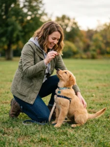 New owner learning dog training skills.