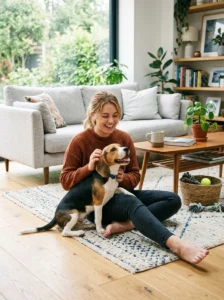 First-time owner bonding with a Beagle.