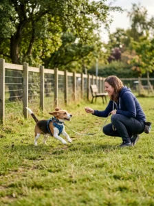 Owner training a Beagle with positive reinforcement.