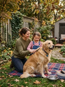 Child learning how to care for a family dog.