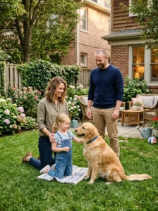 Parents supervising safe interaction between a child and a dog.