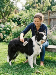 Owner brushing a Border Collie's double coat.