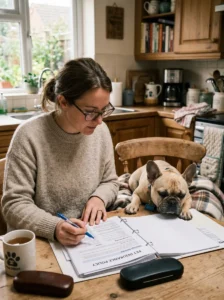 Pet owner reviewing health insurance options for a French Bulldog.