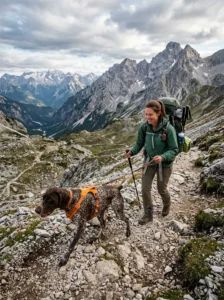 German Shorthaired Pointer hiking outdoors.